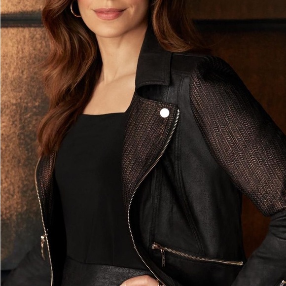 Joseph Ribkoff Jackets & Blazers - Joseph Ribkoff Black Leather Moto Jacket with Woven Sleeves